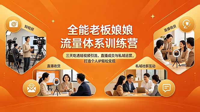 全能老板娘流量体系训练营，三天吃透短视频引流、直播成交与私域运营，打造个人IP轻松变现-瀚洪创业网