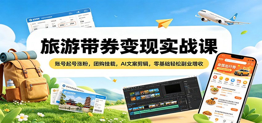 旅游带券变现实战课：账号起号涨粉，团购挂载，AI文案剪辑，零基础轻松副业增收-瀚洪创业网