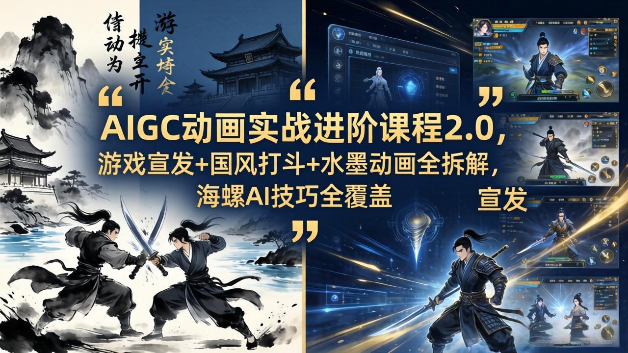 AIGC动画实战进阶课程2.0，游戏宣发+国风打斗+水墨动画全拆解，海螺AI技巧全覆盖-瀚洪创业网