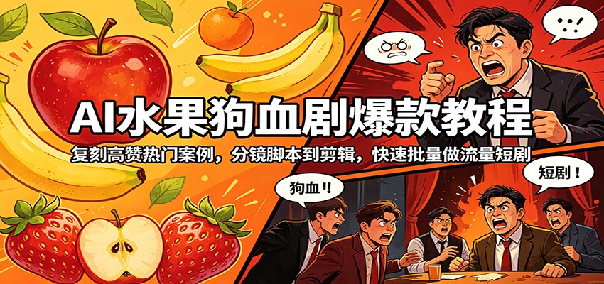 AI水果狗血剧爆款教程：复刻高赞热门案例，分镜脚本到剪辑，快速批量做流量短剧-瀚洪创业网