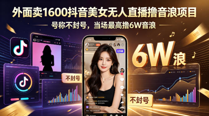 外面卖1600抖音美女无人直播撸音浪项目，号称不封号，当场最高撸6W音浪！【附详细教程】-瀚洪创业网