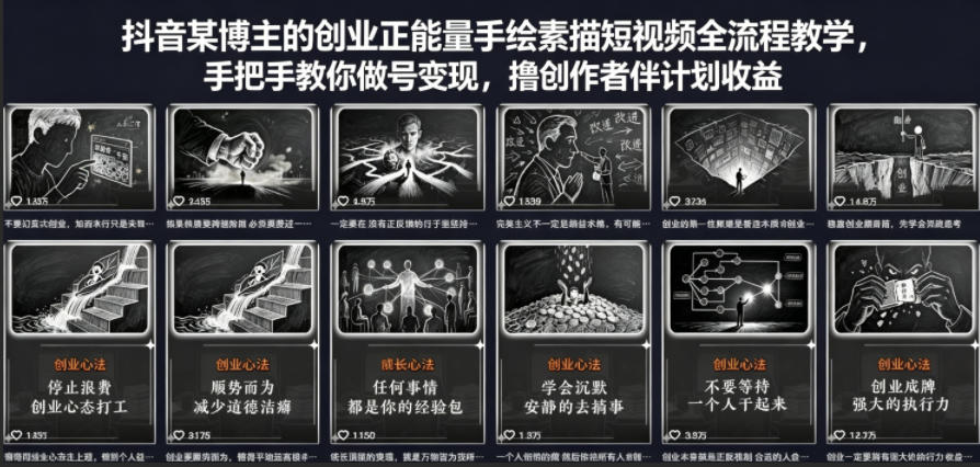 抖音某博主的创业正能量手绘素描短视频全流程教学，手把手教你做号变现，撸创作者伙伴计划收益-瀚洪创业网