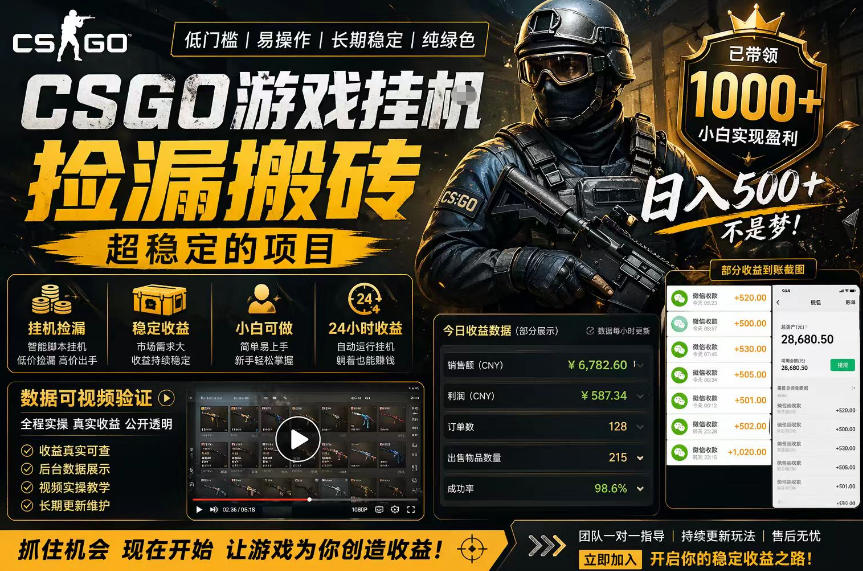 CSGO游戏搬砖，全自动挂G，不需要玩游戏，手机操作日入300+，解放双手【揭秘】-瀚洪创业网