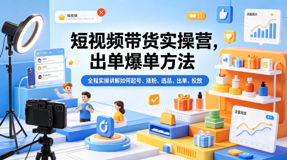 短视频带货实操营，出单爆单方法，全程实操讲解如何起号、涨粉、选品、出单、投放-瀚洪创业网