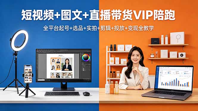 短视频+图文+直播带货VIP陪跑，全平台起号+选品+实拍+剪辑+投放+变现全教学-瀚洪创业网