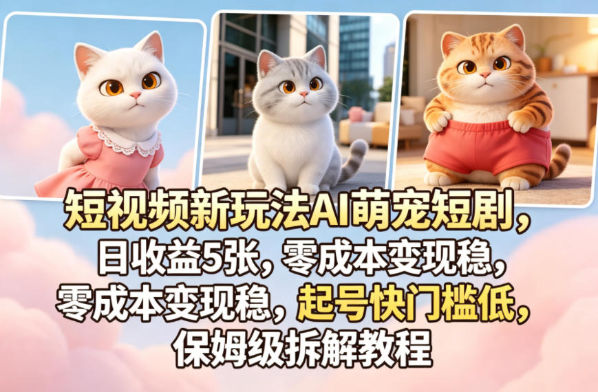 短视频新玩法AI萌宠短剧，日收益5张，零成本变现稳，起号快门槛低，保姆级拆解教程-瀚洪创业网