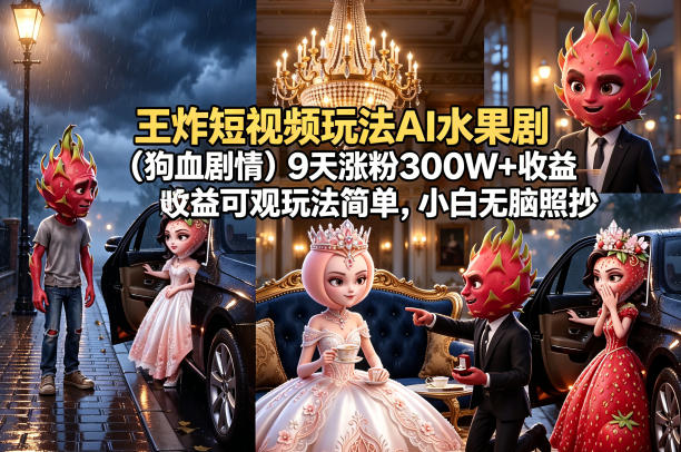 王炸短视频玩法AI水果剧(狗血剧情)9天涨粉300W+收益可观玩法简单，小白无脑照抄，详细拆解玩法-瀚洪创业网