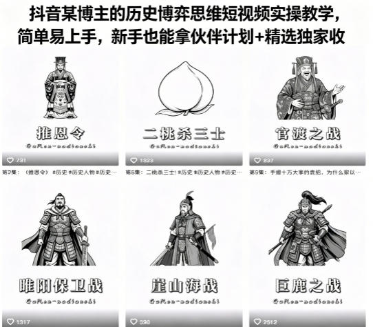 抖音某博主的历史博弈思维短视频实操教学，简单易上手，新手也能拿伙伴计划+精选独家收益-瀚洪创业网