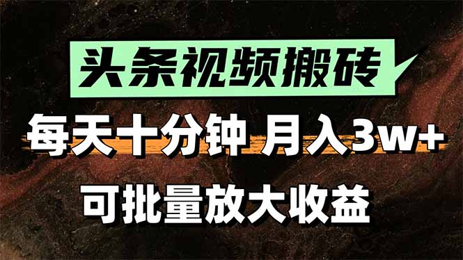 头条视频搬砖，每天10分钟，小白轻松月入3万+，可批量放大收益-瀚洪创业网