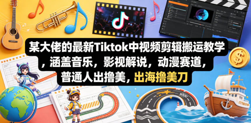 某大佬的最新Tiktok中视频剪辑搬运教学，涵盖音乐，影视解说，动漫赛道，普通人出海撸美刀-瀚洪创业网
