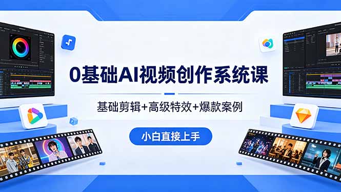 0基础AI视频创作系统课，基础剪辑+高级特效+爆款案例，小白直接上手-瀚洪创业网