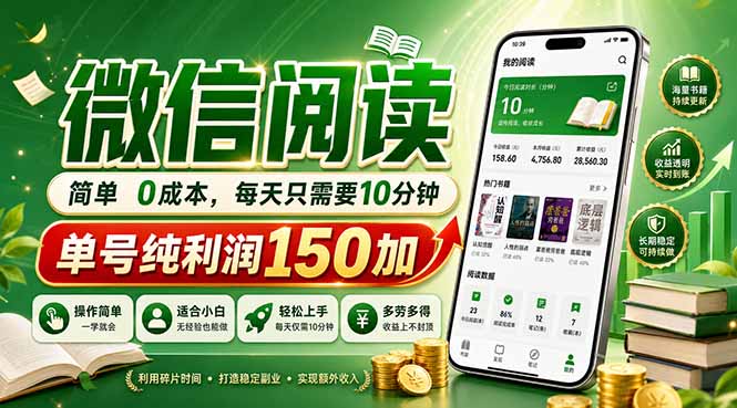 最新微信阅读，每日10分钟，单号利润150+，可批量放大操作，简单0成本-瀚洪创业网