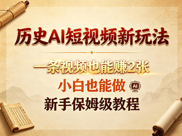 历史AI短视频新玩法，一条视频也能賺2张，小白也能做，新手保姆级教程-瀚洪创业网