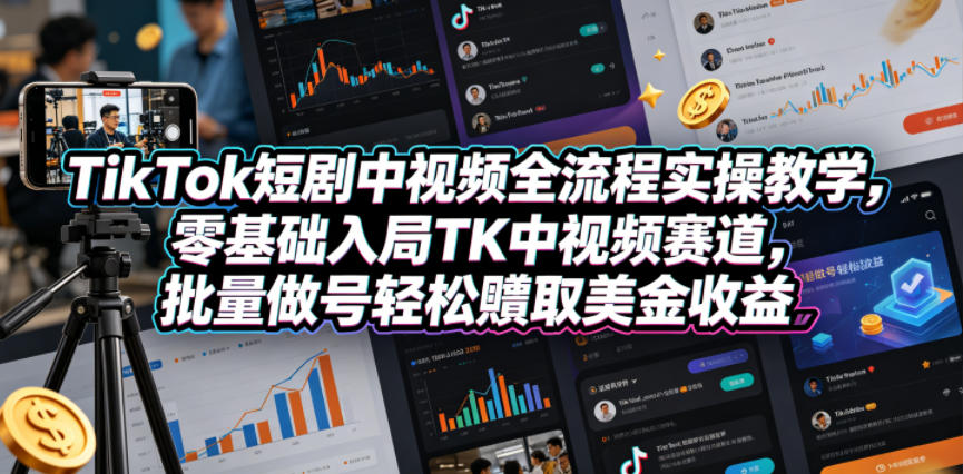 TikTok短剧中视频全流程实操教学，零基础入局TK中视频赛道，批量做号轻松賺取美金收益-瀚洪创业网