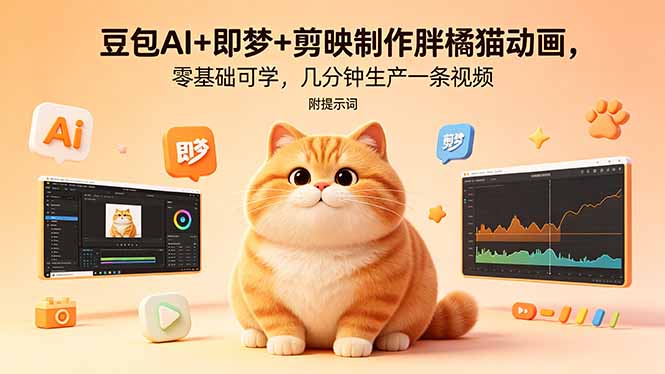 豆包AI+即梦+剪映制作胖橘猫动画，零基础可学，几分钟生产一条视频，附提示词-瀚洪创业网