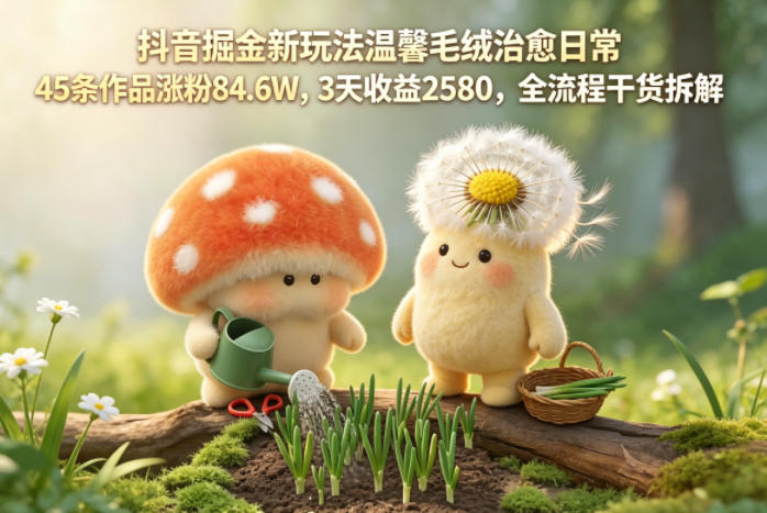 抖音掘金新玩法温馨毛绒治愈日常，45条作品涨粉84.6W，3天收益2580，全流程干货拆解-瀚洪创业网