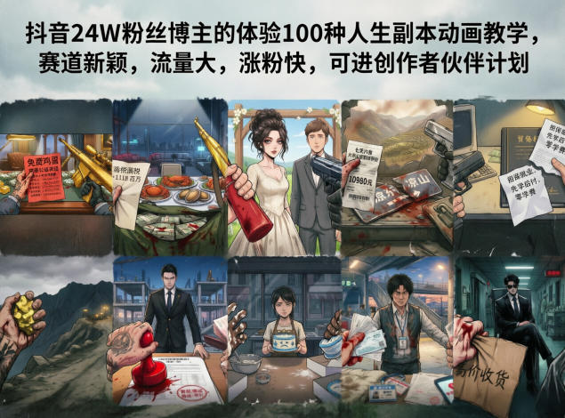 抖音24W粉丝博主的体验100种人生副本动画教学，赛道新颖，流量大，涨粉快，可进创作者伙伴计划-瀚洪创业网
