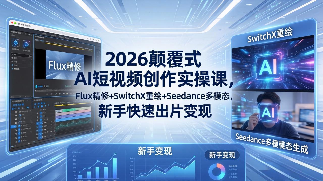 2026颠覆式 AI短视频创作课-5月更新，Flux精修+SwitchX重绘+Seedance多模态，新手快速出片变现-瀚洪创业网