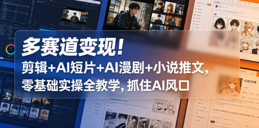 多赛道变现！剪辑+AI短片+AI漫剧+小说推文，零基础实操全教学，抓住AI风口-瀚洪创业网