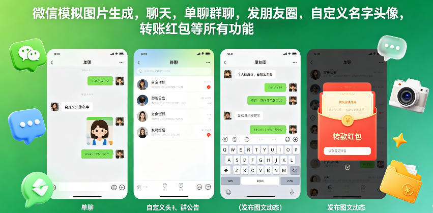 微信模拟图片生成，聊天，单聊群聊，发朋友圈，自定义名字头像，转账红包等所有功能都可以生成-瀚洪创业网