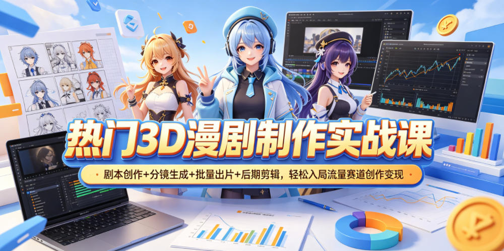 热门3D漫剧制作实战课，剧本创作+分镜生成+批量出片+后期剪辑，轻松入局流量赛道创作变现-瀚洪创业网
