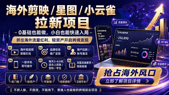海外剪映 / 星图 / 小云雀拉新项目 普通人也能上手的跨境流量变现副业-瀚洪创业网