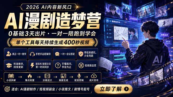 AI漫剧造梦营：0基础3天出片，单个工具每天持续生成400秒视频-瀚洪创业网