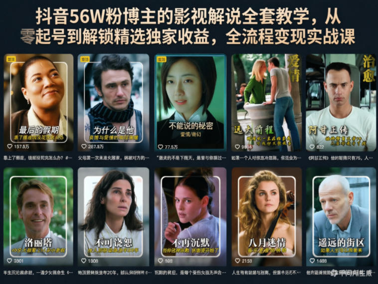 抖音56W粉博主的影视解说全套教学，从零起号到解锁精选独家收益，全流程变现实战课-瀚洪创业网