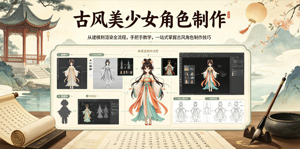古风美少女角色制作，从建模到渲染全流程，手把手教学，一站式掌握古风角色制作技巧-瀚洪创业网