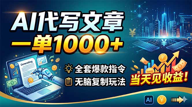 AI代写文章，一单1000+，全套爆款指令+无脑复制玩法，当天见收益！-瀚洪创业网