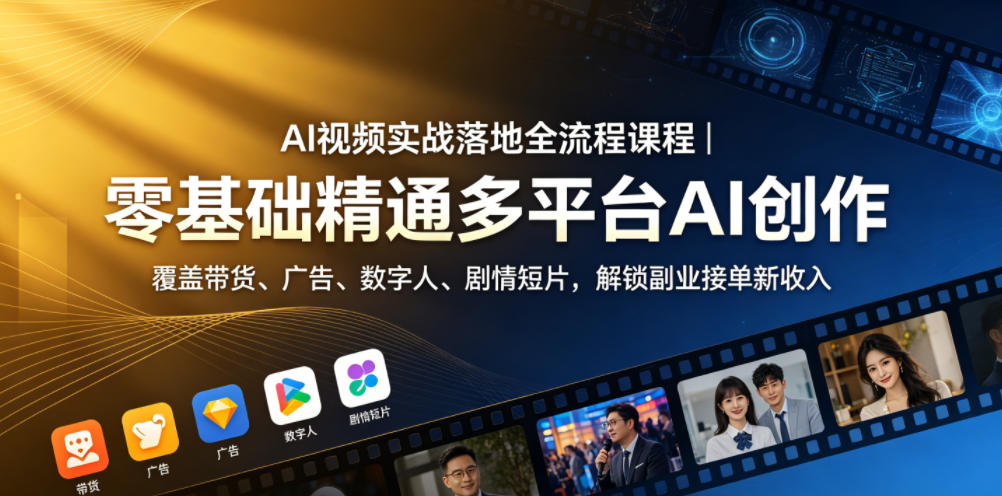 AI视频实战落地全流程课程｜零基础精通多平台AI创作，覆盖带货、广告、数字人、剧情短片，解锁副业接单新收入-瀚洪创业网