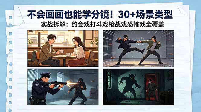 不会画画也能学分镜！30+场景类型实战拆解：约会戏打斗戏枪战戏恐怖戏全覆盖-瀚洪创业网