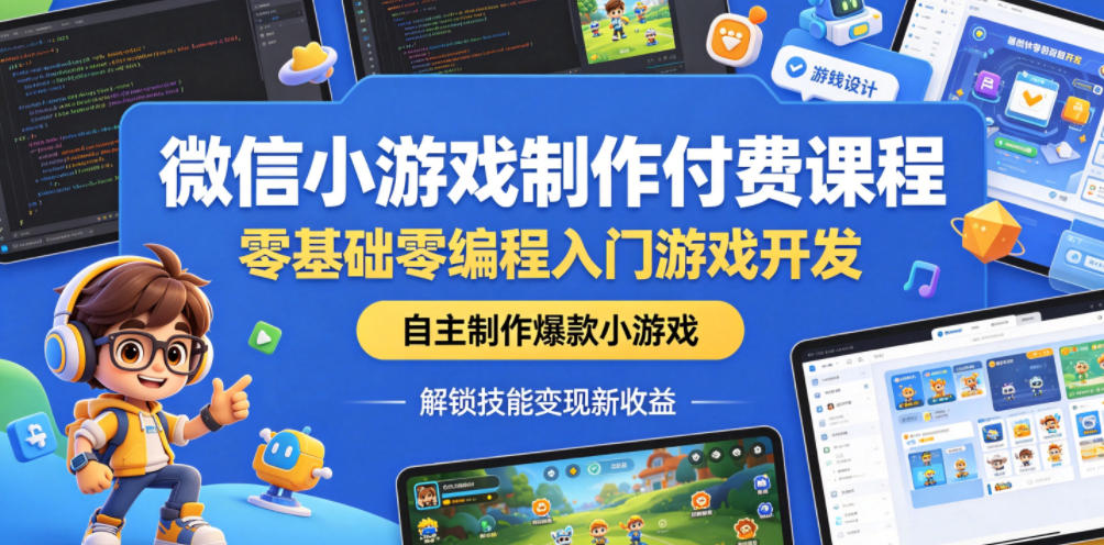 微信小游戏制作付费课程，零基础零编程入门游戏开发，自主制作爆款小游戏，解锁技能变现新收益-瀚洪创业网