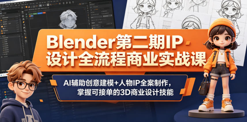 Blender第二期IP设计全流程商业实战课，AI辅助创意建模+人物IP全案制作，掌握可接单的3D商业设计技能-瀚洪创业网