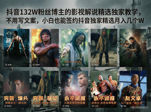 抖音132W粉丝博主的影视解说精选独家教学，不用写文案，小白也能签约抖音独家精选月入几个W-瀚洪创业网