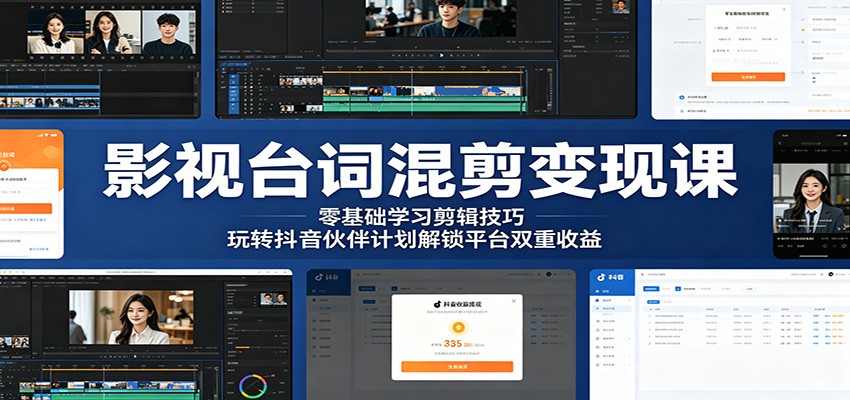 影视台词混剪变现课：零基础学习剪辑技巧，玩转抖音伙伴计划解锁平台双重收益-瀚洪创业网