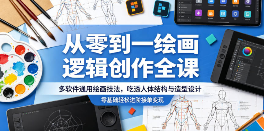 从零到一绘画逻辑创作全课，多软件通用绘画技法，吃透人体结构与造型设计，零基础轻松进阶接单变现-瀚洪创业网