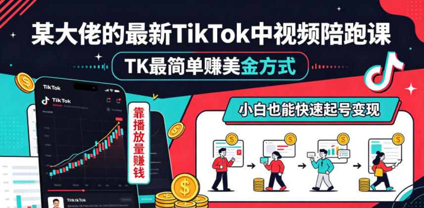 某大佬的最新TikTok中视频陪跑课，TK最简单賺美金方式，靠播放量賺钱，小白也能快速起号变现-瀚洪创业网
