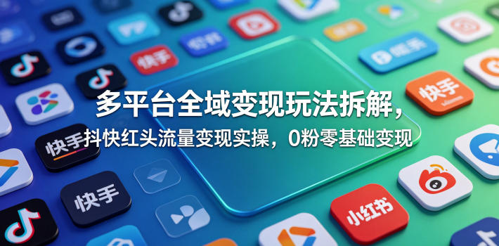 多平台全域变现玩法拆解，抖快红头流量变现实操，0粉零基础变现-瀚洪创业网