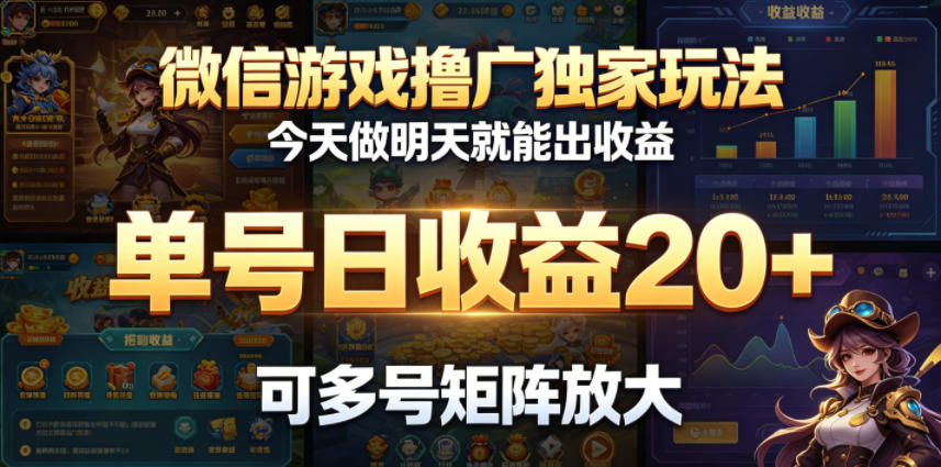 微信游戏撸广独家玩法，今天做明天就能出收益，单号日收益20+，可多号矩阵放大-瀚洪创业网