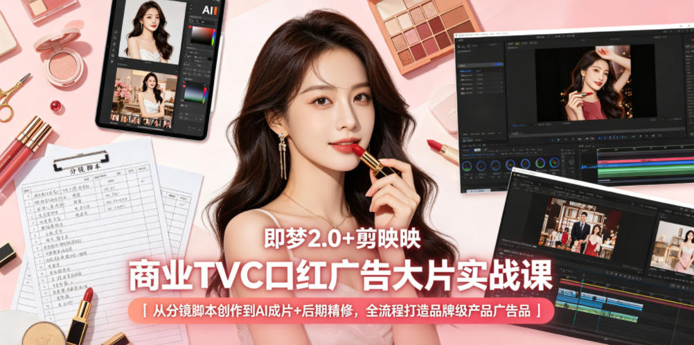 即梦2.0+剪映商业TVC口红广告大片实战课｜从分镜脚本创作到AI成片+后期精修，全流程打造品牌级产品广告-瀚洪创业网