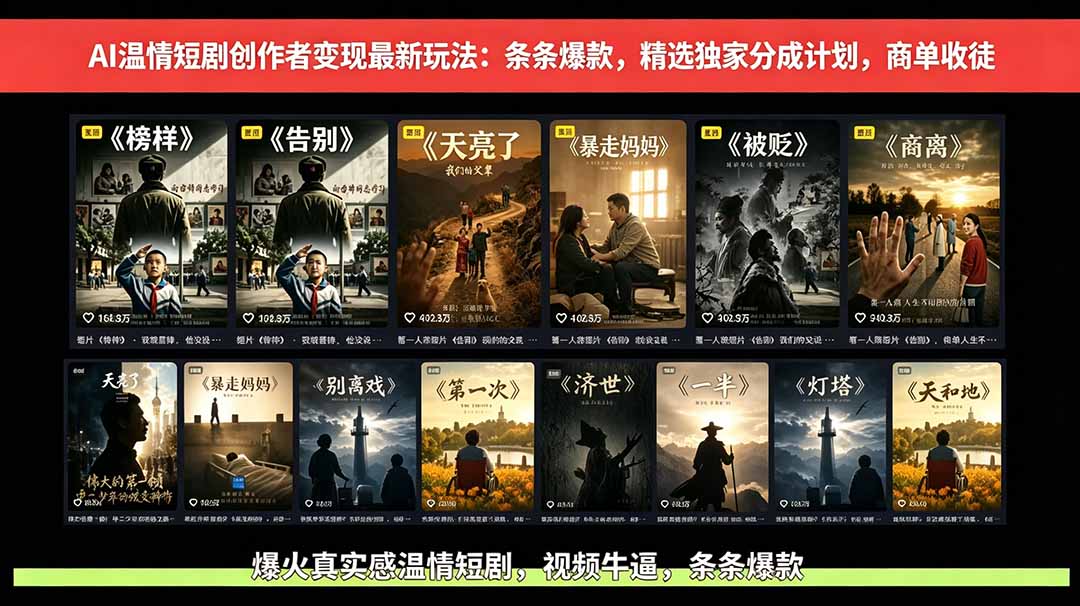 AI温情短剧创作者变现最新玩法：视频牛逼，条条爆款，精选独家分成计划，商单收徒-瀚洪创业网