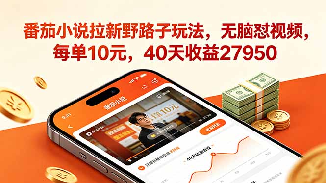 番茄小说拉新野路子玩法，无脑怼视频，每单10元，40天收益27950-瀚洪创业网