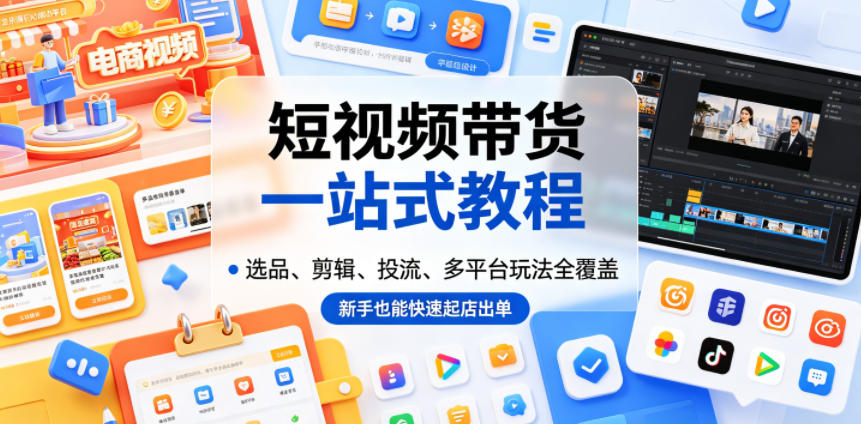 短视频带货一站式教程，选品、剪辑、投流、多平台玩法全覆盖，新手也能快速起店出单-瀚洪创业网