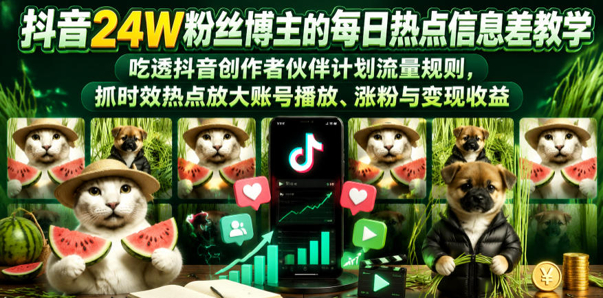 抖音24W粉丝博主的每日热点信息差教学，吃透创作者伙伴计划流量规则，抓时效热点放大账号播放、涨粉与变现收益-瀚洪创业网