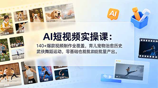 AI短视频实操课：140+爆款视频制作全覆盖，育儿宠物治愈历史武侠舞蹈运动，零基础也能批量产出-瀚洪创业网