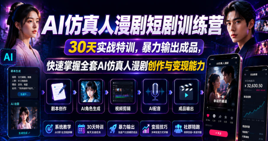 AI仿真人漫剧短剧训练营，30天实战特训，暴力输出成品，快速掌握全套AI仿真人漫剧创作与变现能力-瀚洪创业网