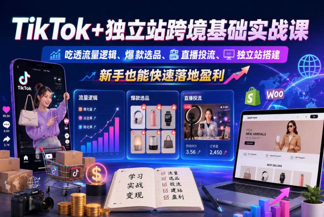 TikTok+独立站跨境基础实战课，吃透流量逻辑、爆款选品、直播投流与独立站搭建，新手也能快速落地盈利-瀚洪创业网