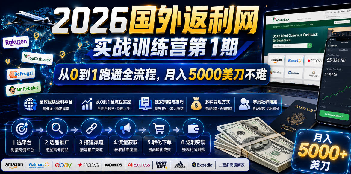 2026国外返利网实战变现营-第一期，从零拆解项目逻辑与流程，跑通完整变现链路，月入5000美金-瀚洪创业网