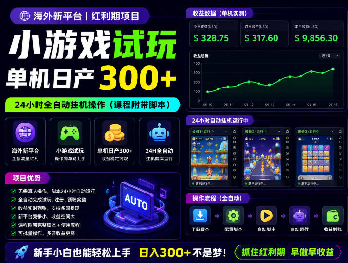 海外新平台，小游戏试玩，单机日产300+，24小时全自动挂G操作(课程附带脚本)【揭秘】-瀚洪创业网